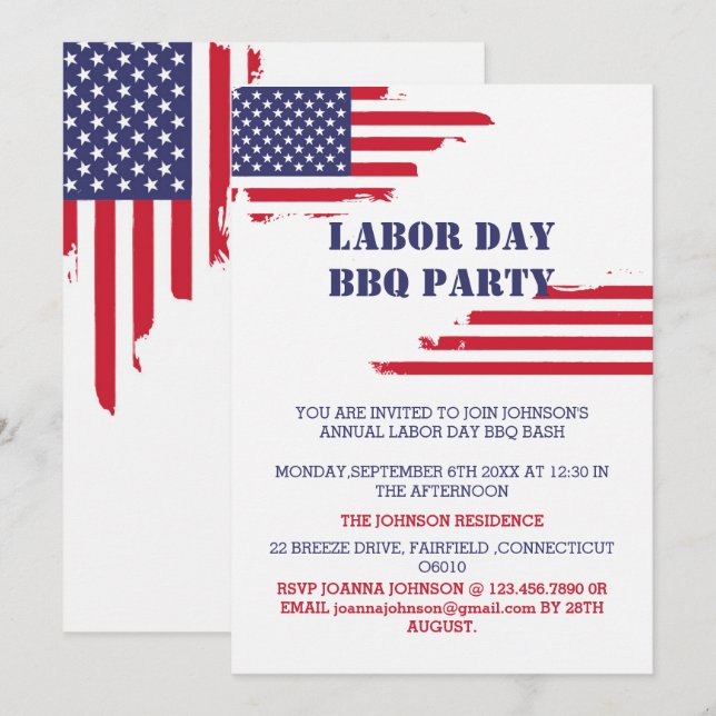 Invitation Parti du barbecue de la fête du travail du drapeau (Devant / Derrière)