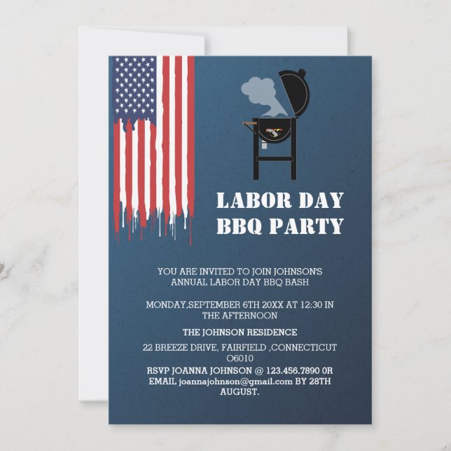 Invitation Parti du barbecue de la Fête du Travail patriotiqu (Devant)