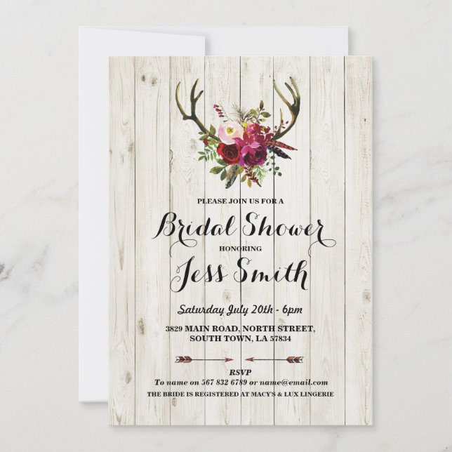 Invitation Parti Fête de l'mariée Rustic Antler Floral Invita (Devant)