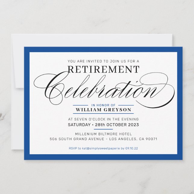 Invitation PARTI FORMEL RETRAITE moderne fantaisie bleu royal (Devant)