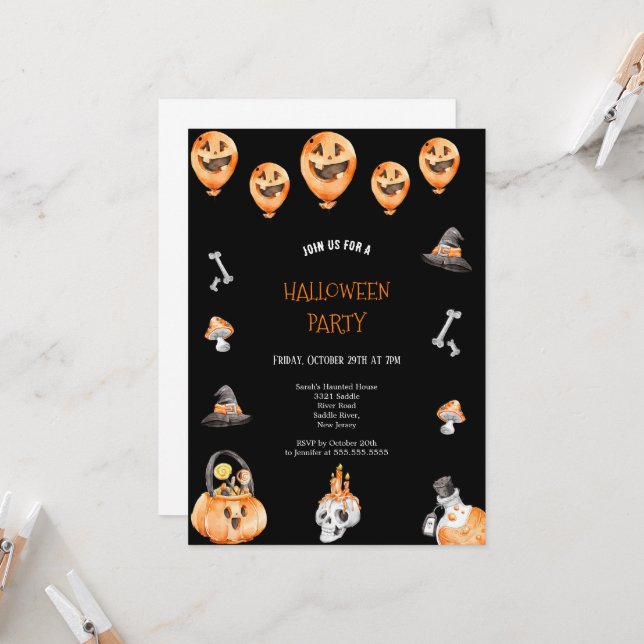 INVITATION PARTI HALLOWEEN BLACK ET ORANGE CUT ET CRAINTE (Devant/Arrière en situation)