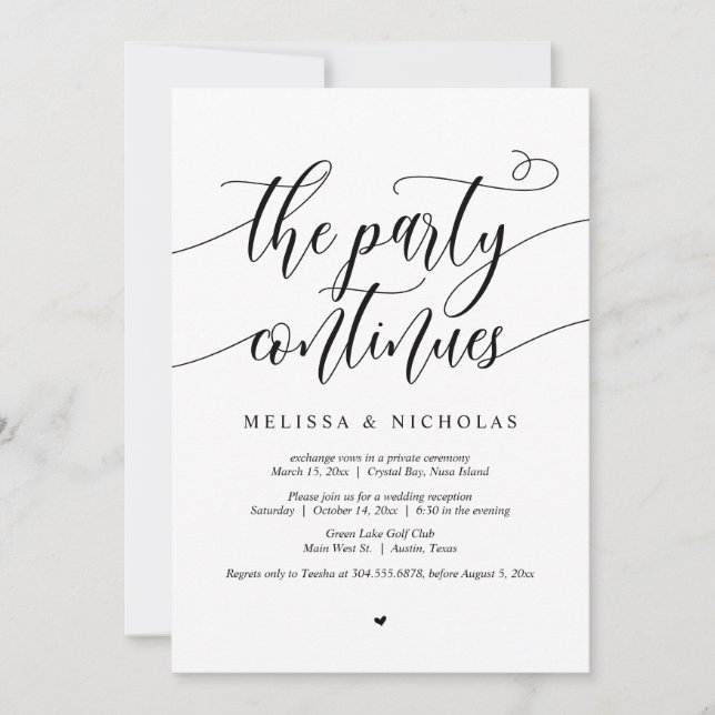 Invitation Parti mariage Elopement, Le Parti Continue (Devant)