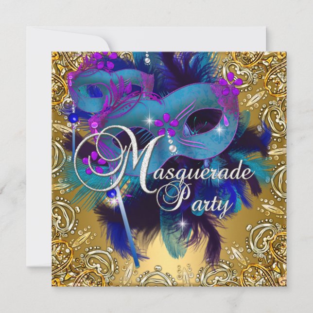 Invitation Parti Masquerade bleu or violet (Devant)