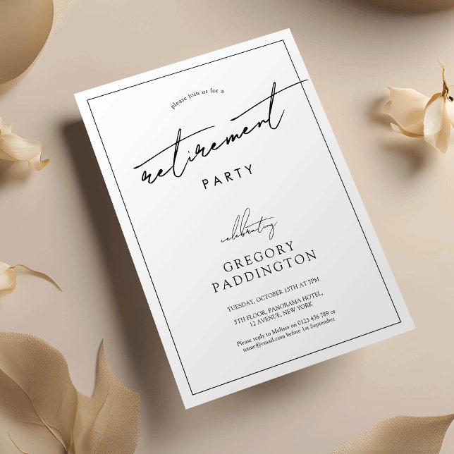 Invitation Parti minimaliste de retraite noir blanc (Minimalist modern retirement party corporate invitation with trendy handwritten script)