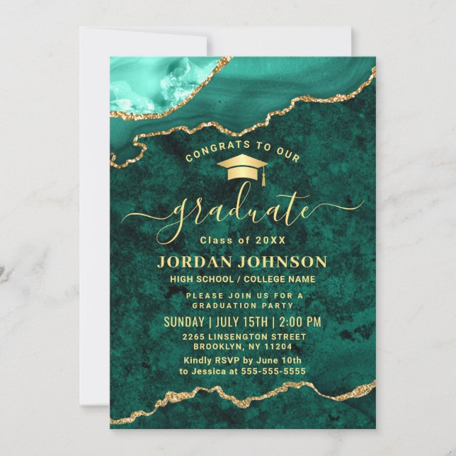 Invitation Parti moderne Golden Green Marble Graduation Party (Devant)