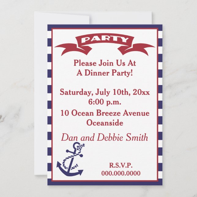 Invitation Parti nautique - Rouge, Blanc et Bleu (Devant)