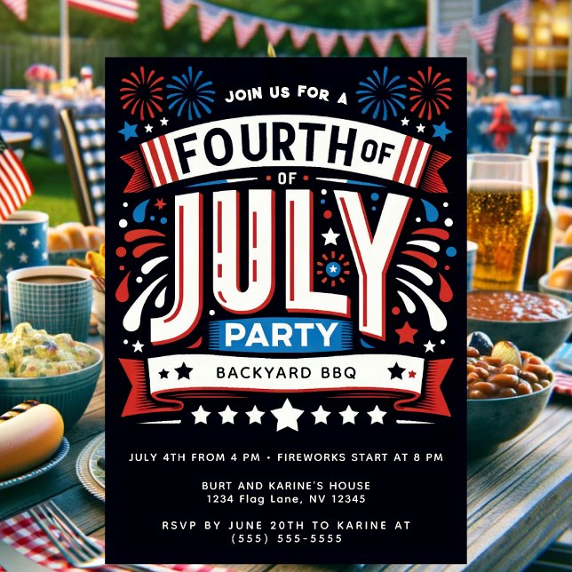 Invitation Parti patriotique cool du 4 juillet (Patriotic Fourth of July party invitation with red, white, and blue fireworks design for a backyard )