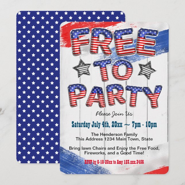 Invitation Parti Patriotique Rouge Blanc Bleu Bleu 4 juillet (Devant / Derrière)