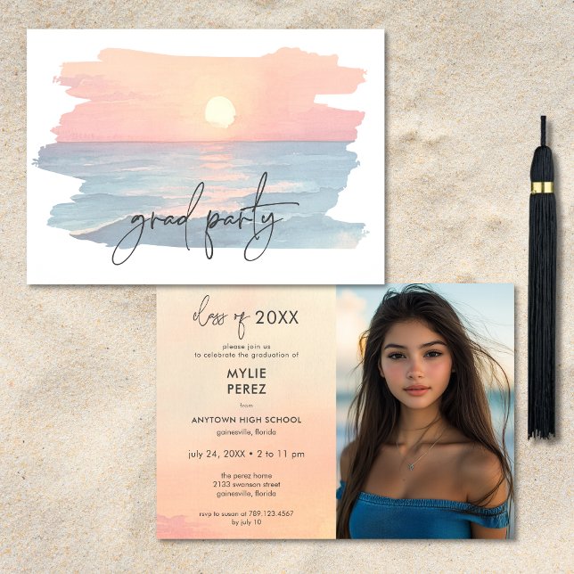 Invitation Parti photo moderne Ocean Sunset Beach Graduation (Modern Ocean Sunset Beach Graduation Photo Party Invitation)