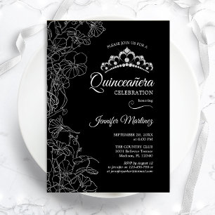 Invitation Parti Quinceanera Floral Blanc Noir