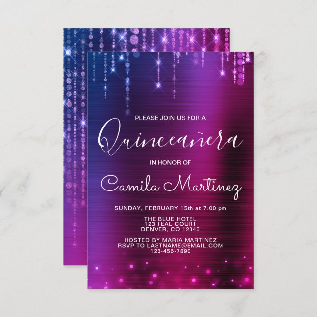 Invitation Parti Quinceanera moderne rose et violet (Devant / Derrière)