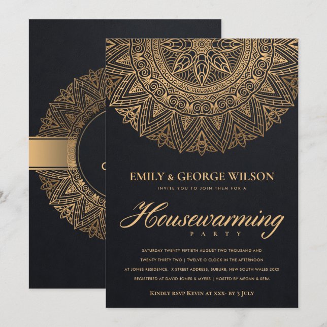 INVITATION PARTI RÉCHAUFFANT BLACK OR ORNATE MANDALA (Devant / Derrière)