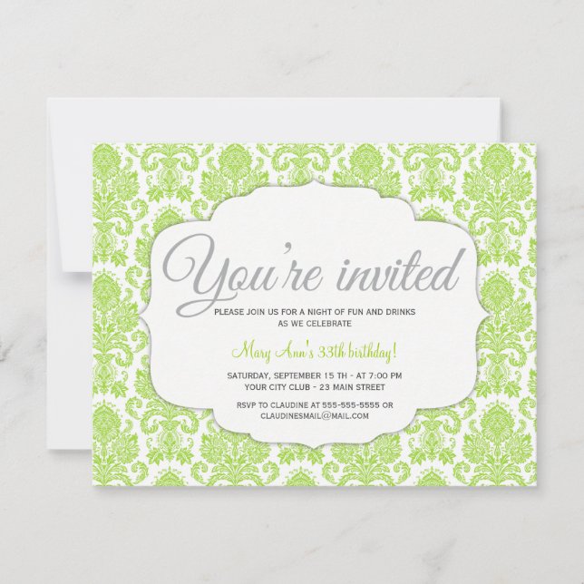 Invitation Parti vert Damask moderne (Devant)
