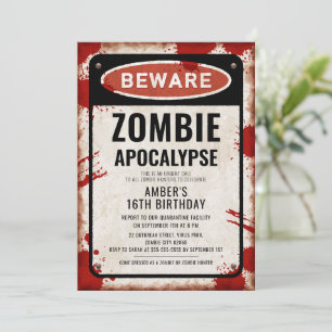Invitation Parti zombie avec signe BEWARE et taches de sang