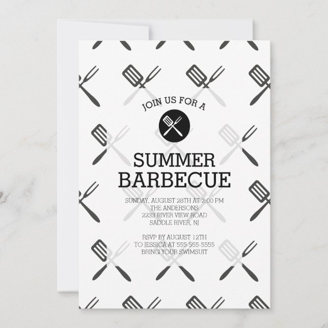 Invitation Partie blanche de barbecue d'été de noir moderne (Devant)