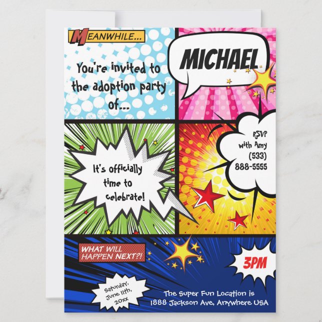 Invitation Partie d'adoption de bande dessinée de superhéros (Devant)