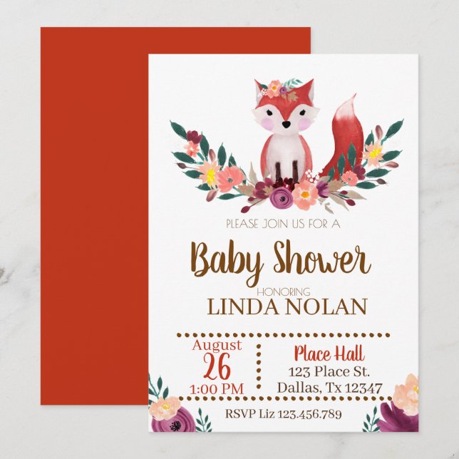 Invitation Partie d'animal d'invitation de baby shower de Fox (Devant / Derrière)