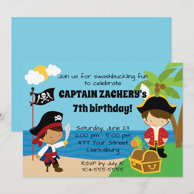 Invitation Partie d'anniversaire de enfant de pirate (Devant / Derrière)