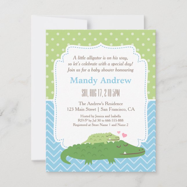 Invitation Partie de baby shower moderne mignonne d'alligator (Devant)