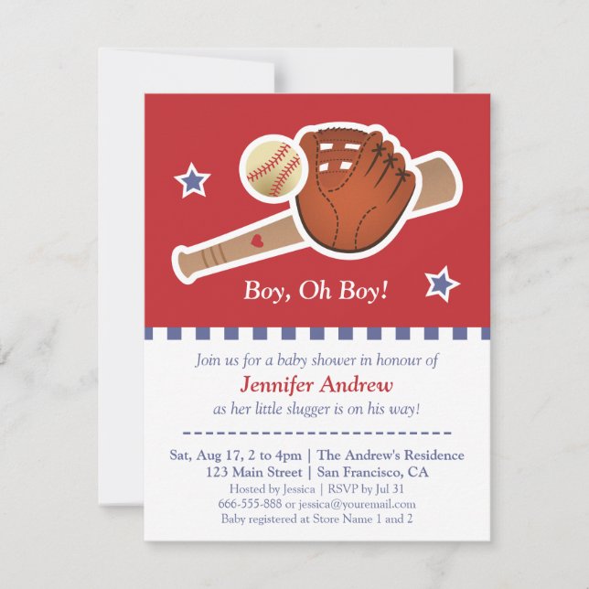 Invitation Partie de baby shower rouge de base-ball (Devant)