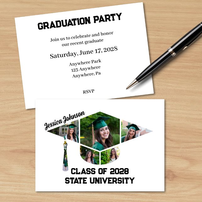 Invitation Partie de collage photo de forme de casquette de g (Unique Modern Graduation Party Photo Invitation with a collage in the shape of a grad cap)