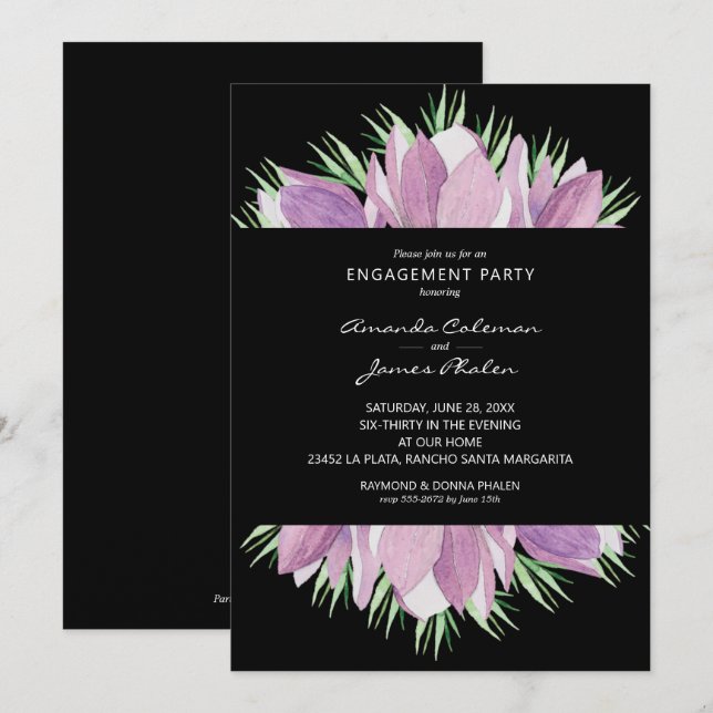 Invitation Partie de fiançailles d'aquarelle florale pourpre (Devant / Derrière)