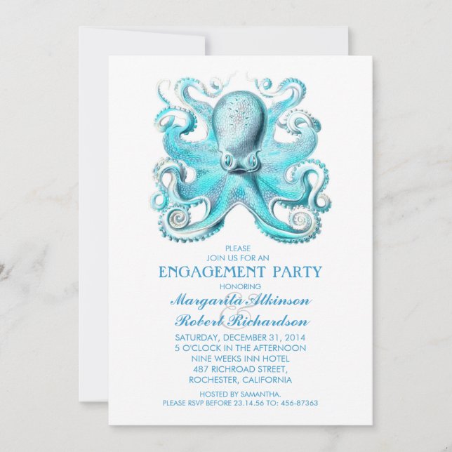 Invitation partie de fiançailles de la plage de pieuvre bleu (Devant)