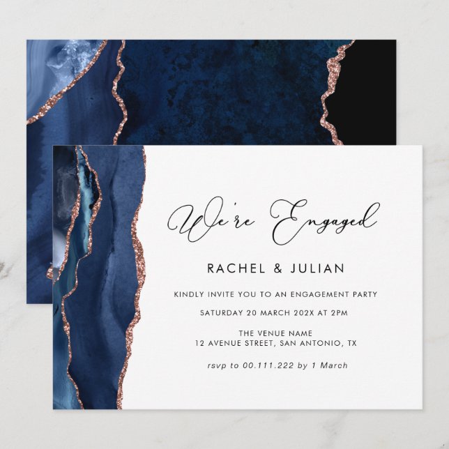 Invitation partie de fiançailles d'or bleu marine et rose (Devant / Derrière)