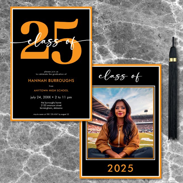 Invitation Partie de Graduation de Script Orange Minimal Mode (Modern Minimal Orange Script Graduation Party Invitation)