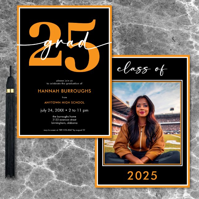 Invitation Partie de Graduation de Script Orange Minimal Mode (Modern Minimal Orange Script Graduation Party Invitation)