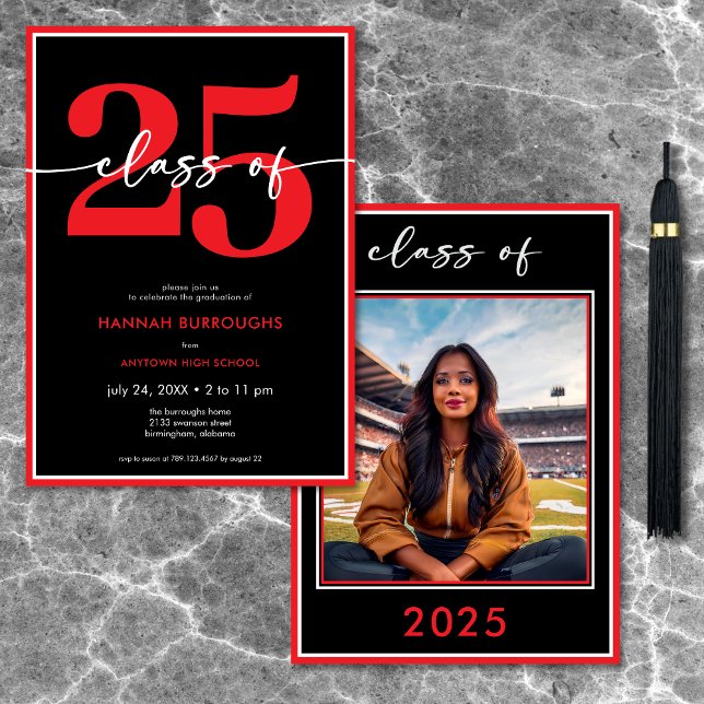 Invitation Partie de graduation minimale rouge moderne (Modern Minimal Red Script Graduation Party Invitation)