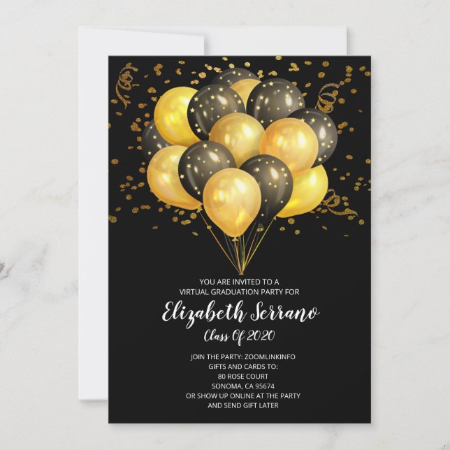Invitation Partie de graduation virtuelle Ballons noirs or (Devant)