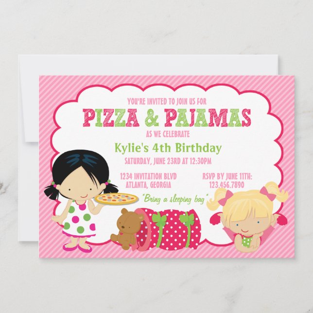 Invitation Partie de pizza et de Sleepover de pyjamas (Devant)