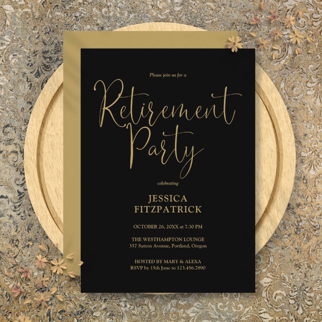 Invitation Partie de retrait de script noir et or (Black And Gold Elegant Script Retirement Party Invitation)