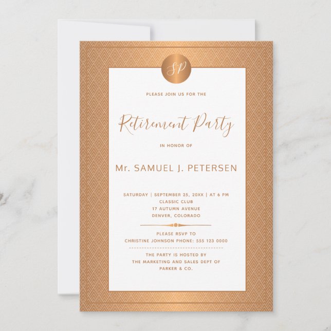 Invitation Partie de retrait du monogramme blanc métallique e (Devant)