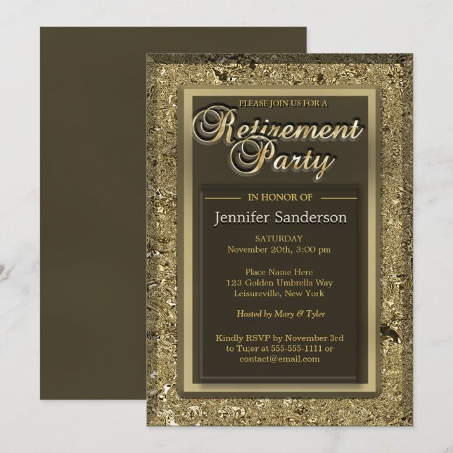 Invitation Partie de retraite | Elegant Golden Office Directo (Devant / Derrière)