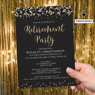 Invitation Partie de retraite Moderne Black Gold Streamers