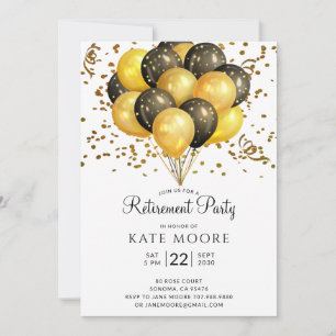 Invitation Partie de retraite moderne Gold Black Ballons