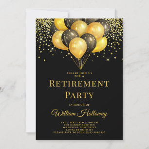 Invitation Partie de retraite moderne Gold Black Ballons Noir