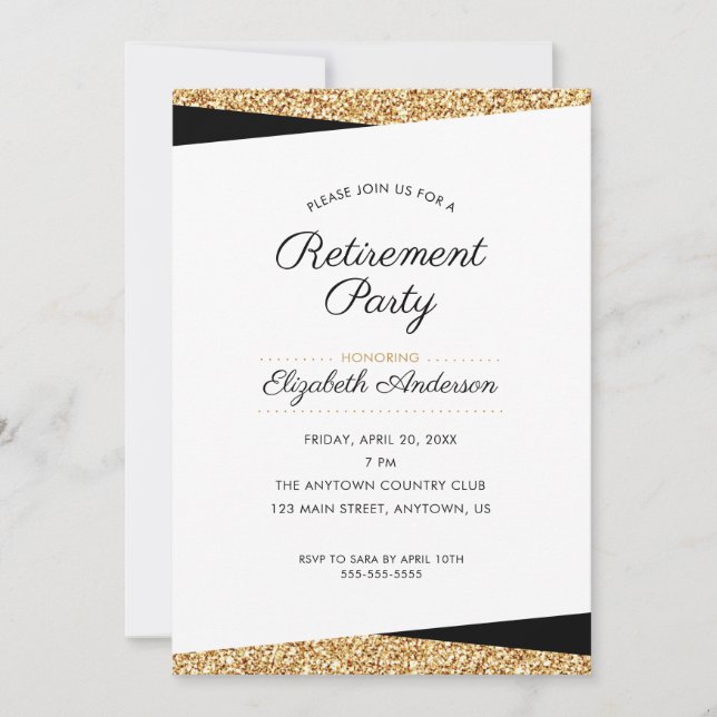 Invitation Partie de retraite | Parties scintillant noire et  (Devant)