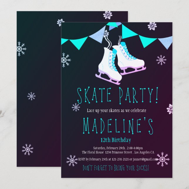 Invitation Partie de tableau de fille de patin de glace du (Devant / Derrière)