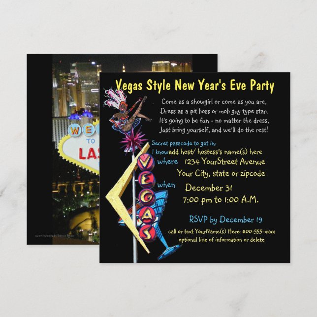 Invitation Partie de Year'sEve de style de Las Vegas nouvelle (Devant / Derrière)