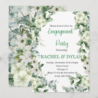 Invitation Partie d'engagement, Blanc, Vert, Fleurs Florales