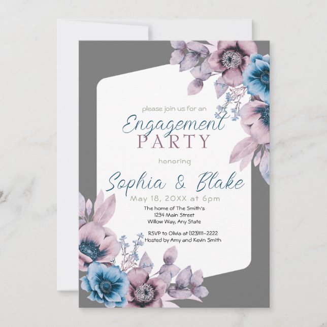 Invitation Partie d'engagement Blue and Purple Floral Grey (Devant)