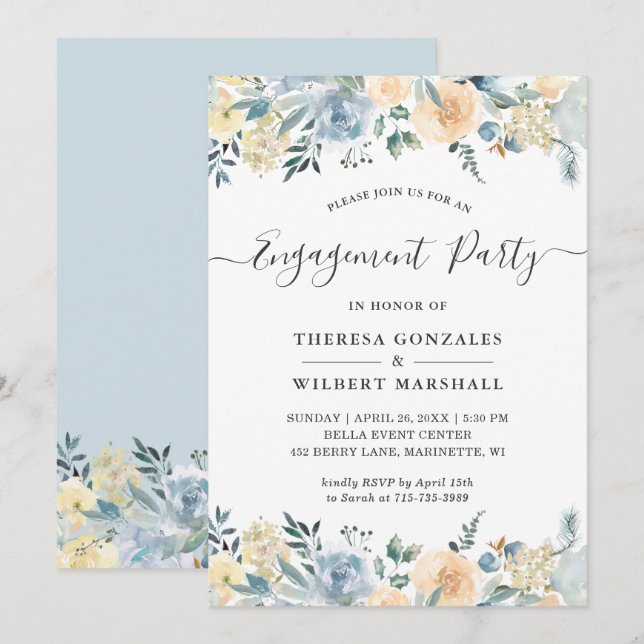 Invitation Partie d'engagement Bohemian Vanilla Blue Floral (Devant / Derrière)