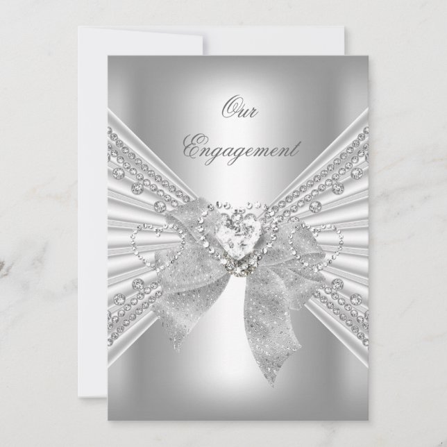 Invitation Partie d'engagement Coeur diamant Blanc Argent Bow (Devant)
