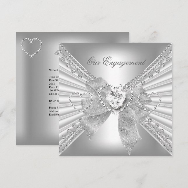 Invitation Partie d'engagement Coeur diamant Blanc Bow en arg (Devant / Derrière)