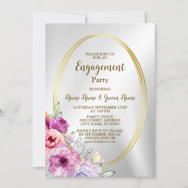 Invitation Partie d'engagement Coloré rose Floral Cadre doré (Devant)
