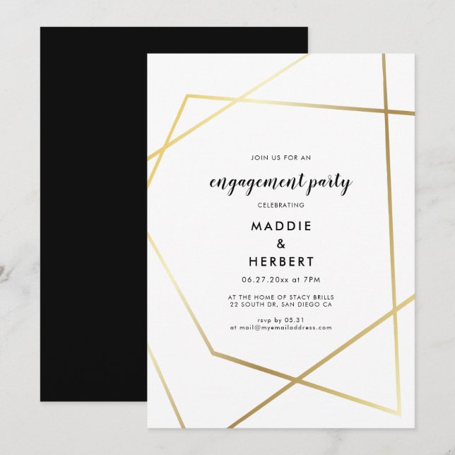 Invitation Partie d'engagement de cadre d'or géométrique mode (Devant / Derrière)