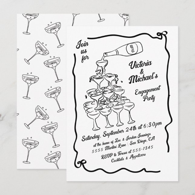 Invitation Partie d'engagement de la pile de champagne tirée  (Devant / Derrière)